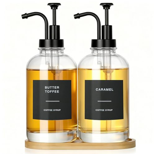 VINATO Set of 2 Dispensador de Aceite y Vinagre con Bandeja de Bambú,500 ml Dispensador de Jarabe de Café,Dispensador de Jarabe de Café con 36 Etiquetas,16 oz Botellas de Jarabe Vidrio para Cocina
