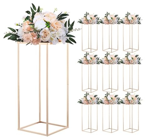 VEVOR Portafiori da Matrimonio 10 Pezzi da 60 cm, Portafiori a Colonna con Laminato Metallico, Espositore Floreale Rettangolare Dorato per Matrimoni, Feste, Compleanni, Casa, Centrotavola Dorati