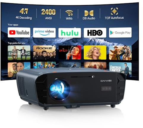 Smart Projector 4K Supported with Google TV, 2400 ANSI Lumen Home Cinema Projector, Native 1080P, ToF Auto Focus&Auto Keystone, WiFi 6, Bluetooth, HDMI ARC, DB Audio, for Bedroom, Outdoor, Gaming, PS5