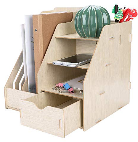 Stehsammler Holz Schreibtisch Organisation Office Desk Organizer A4 Briefablage Stiftehallter Groß Zeitschriftensammler mit Schublade Papieraufbewahrung für Büro Notizbuch Visitenkarte