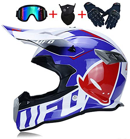 LEENY Casco da Motocross, Stile UFO Bianco Blu Rosso Casco da Moto Set con Occhiali Maschera Guanti, Caschi da Cross Motocicletta off-Road Sport Enduro Downhill ATV MTB BMX Racing Casco,S(54~55cm)