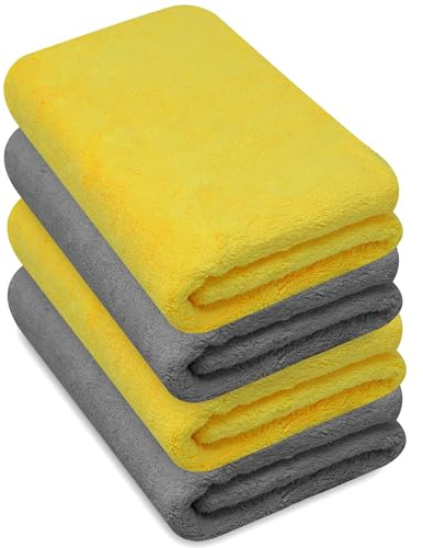Towelogy® Microfibre Cleaning Cloths Grey 420GSM Large Thick Ultra Absorbent Multipurpose For Dusting Polishing Washing 40x40cm (Pack Of 4, Grey & Yellow)