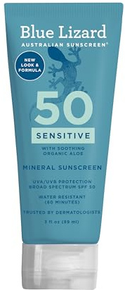 Blue Lizard SENSITIVE Mineral Sunscreen with Zinc Oxide, SPF 50+, Water Resistant, UVA/UVB Protection with Smart Cap Technology - Fragrance Free, 3 oz. Tube