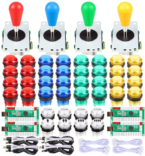 Fosiya 4 Player LED Arcade Kit Ellipse Oval Style Joystick USB Encoder to PC Games DIY Controllers Bat Joystick 4 Colors LED Arcade Buttons for All Windows PC MAME Raspberry Pi