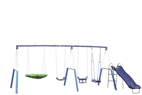 XDP Recreation Surf N Swing Painted Steel 5 Station Kids Outdoor Backyard Swing and Play Set with Wave Slide, Foam Leg Guards, and Hardware, Blue