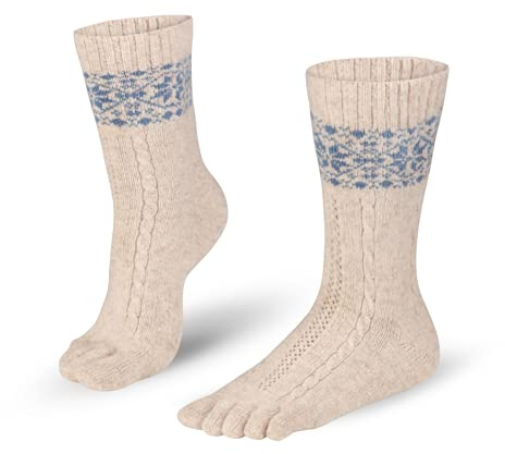 Knitido Merino Cashmere Snowflakes, weiche, warme Winter-Zehensocken, Größe:39-42, Farbe:beige/blau (107)