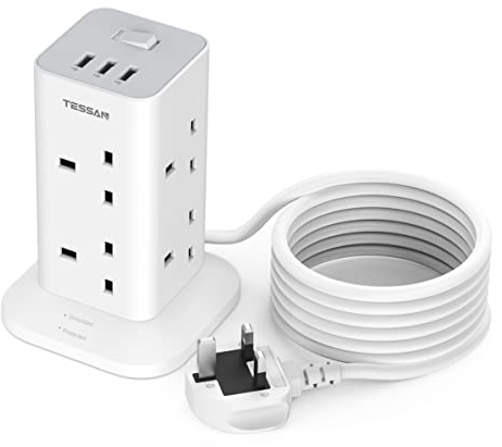 Tower Extension Lead 3M with 3 USB Slots, TESSAN Extension Cable 8 Way Multi Socket Plug with Switch, Surge Protected Power Strip for Home, Office, Kitchen Supplies