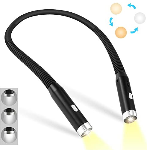 URAQT Luz de Lectura Cuello, Lampara Libro de Lectura Recargable, 3 Colores y 3 Niveles de Brillo Ajustables, Lampara Lectura Flexible Diseño Ergonomico para Leer Nocturna, Tejer, Reparar, Acampar