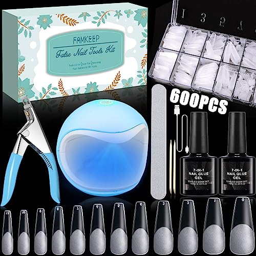 FAMKEEP Kit Capsule Américaine, 600 Pcs Faux Ongles, 12 Tailles, Avec Mini Lampe UV, Colle Pour L'extension D'ongles En Acrylique