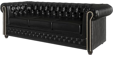 S-Style Möbel George Sofa 3-Sitzer Chesterfield-Sofa Mit Schlaffunktion für Wohnzimmer Lounge Couch Aus Veganem Leder Möbel Freistehende Polster Sofas & Couches Couchgarnitur Schwarz 203 x 86 x 72 cm