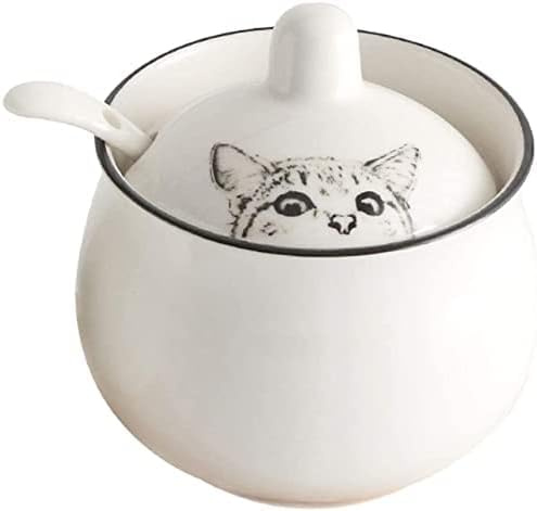 PPYQQ Bol à sucre en céramique avec couvercle et cuillère en forme de chat Blanc (B)