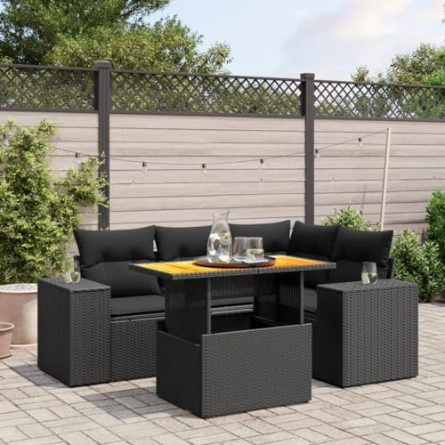 Rantry 5-TLG. Gartenmöbel Set mit Kissen Gartensofa Balkonmöbel Gartenlounge Loungesofa Rattansofa Ecksofa Ecklounge Sitzgruppe mit Gartentisch Loungemöbel Schwarz Poly Rattan