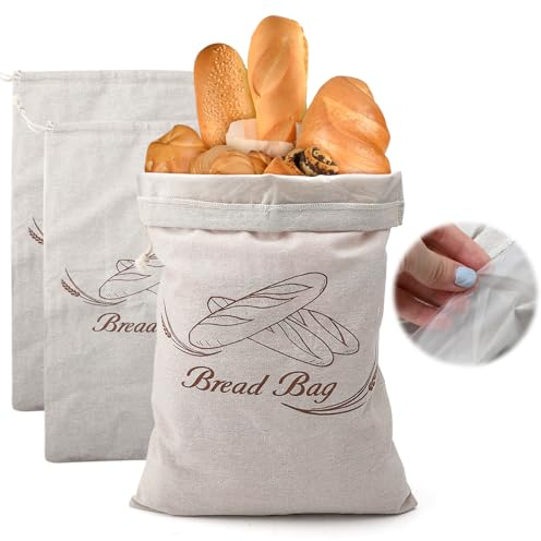 HENGBIRD 3 sacchetti per il pane, in lino, 40 * 30cm, riutilizzabili, con chiusura a cordoncino, in lino e TPU
