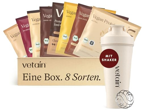 VETAIN Protein Pulver Probierpaket mit Shaker - 8 x 30g - 23g Eiweiß | Bio veganes Proteinpulver - 4 Proteinquellen fermentiert Erbsen - Ohne künstliche Süßungsmittel - Gluten & Laktosefrei