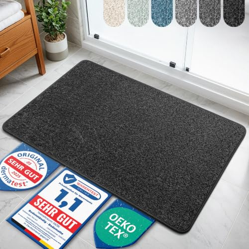 Bodenständig® Badematte rutschfest waschbar - Badvorleger Schwarz | Kurzfasern 2.0 - schnelltrocknend & pflegeleicht - Duschvorleger 60x110cm - dermatologisch getestet & hautfreundlich