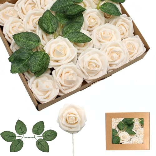 yayafunfun 25 Rosas Artificiales de Espuma Color champán, Rosas de imitación de Tacto Real con Tallos para Novia, Baby Shower, tumbas, San Valentín, Navidad y decoración de Boda