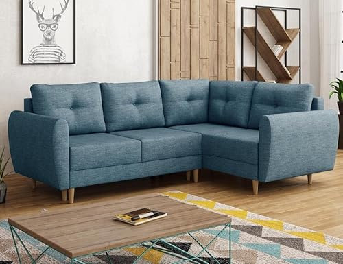Easy4You Blau Ecksofa Manstad in L-Form 234x90x160 cm mit Schlaffunktion und Bettzeugbehälter - Schlafsofa mit Bettkasten und Holzfüße - Eckcouch Rechts mit Stauraum - Stoff: Lux 33