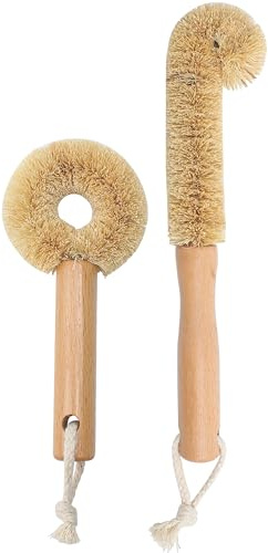 2PCS Coconut Brush Fiber Bottle Wooden Cleaning Brush, Scrub Head for Deep Pan Cleaning Washing, Sturdy Eco-Friendly with Natural Wood Handle Holder, Bristle Scrubber Set for Kitchen Dishes Vegetable