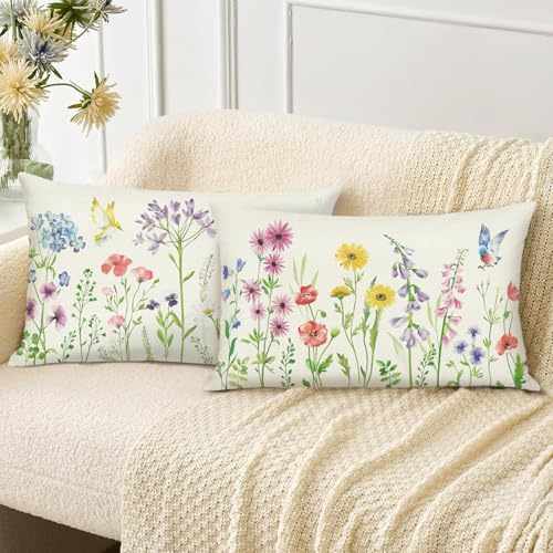 Bonhause 2er Set Kissenbezüge Blumen Garten 30 x 50 cm Blume Vögel Polyester Leinen Dekorative Kissenhülle Zierkissenbezüge für Sofa Zuhause Garten Outdoor Dekoration