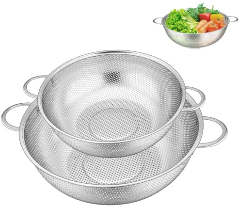 Küchensieb, Ø 22cm, 19cm Edelstahl Nudelsieb, mit Verstärktem Griff, 2 Stück Siebkorb über, Für Nudeln Abtropfen, Gemüse und Obst, Reis, Spülmaschinenfest