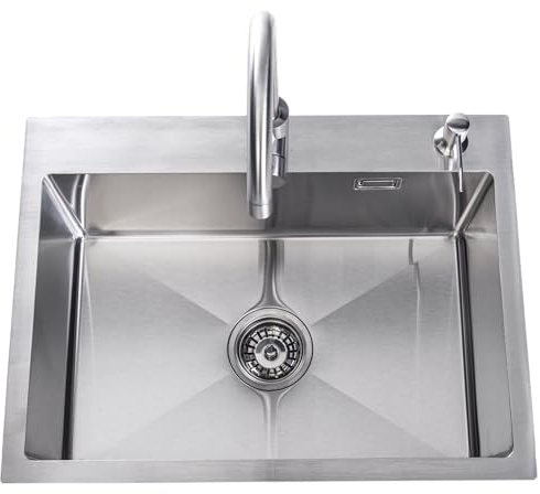 Lendo Online Fregadero Cocina con Grifo - Acero Inoxidable - Fregadero grande con sistema de drenaje de agua, salida de sifón - Con orificio para grifo - Plata (Plata, 59x44x20cm)