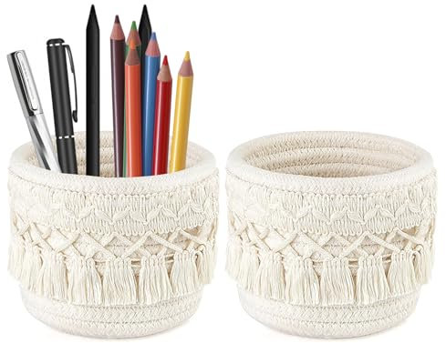 MeYuxg 2 supporti per pennelli, cesti intrecciati, contenitori per pennelli cosmetici, portapennelli, cosmetici, cestino boho, mini contenitore per trucchi, eyeliners (bianco)