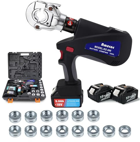 AMZCNC Pinza crimpatrice idraulica ricaricabile, batterie al litio 18V 2 pezzi, 16-300 mm², 11 punzoni, pinza crimpatrice per capicorda