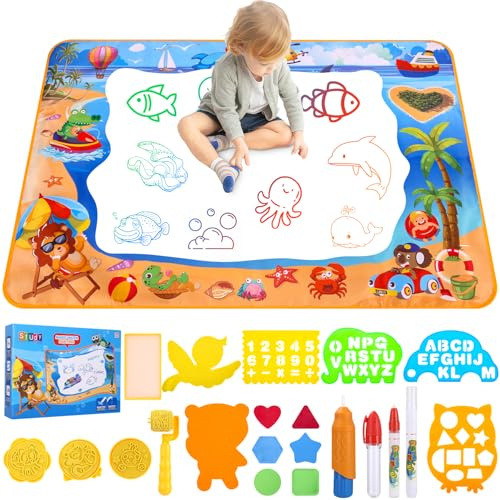 Zaxiva Tapis Dessin Eau 100 x 70cm, Jouet Enfant 1-5 Ans, Tapis Magique avec Stylo à Eau, Jeux Enfants 2 Ans, Cadeau Enfant 1-4 Ans, Jouet Créatif pour Filles et Garçons, Apprentissage Ludique