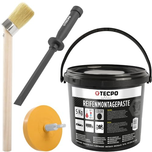 TECPO Kit de montaje de neumáticos, pasta de montaje universal para neumáticos, 5 kg, color negro, secado rápido, incluye cepillo para pasta de montaje de neumáticos, goma de borrar para taladro, 90