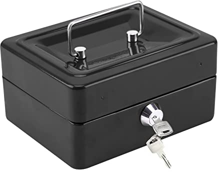 CROWNSHOP Lockable Cash Box 6 Metal Money Box with 2 keys Lockable Portable Petty Cash Deposit Tin with Removable Change Tray for Kids Shop Office Home (Black)