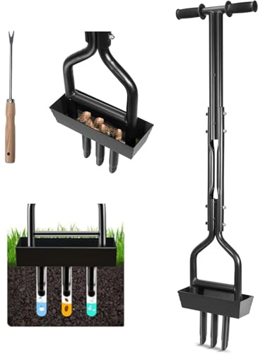 Fynokst Rasenlüfter，Aerifizierer für Rasen mit Hohlspoon und Ablageschale, T-Griff Rasenbelüfter Vertikutierer, mit Vier 9 cm massiven Stahlspießen, für Verdichtete Böden und Rasen Hof Garten Schwarz