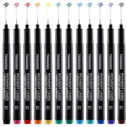 TWOHANDS 01 Micro Pens, 12 Colours 0.25mm Extra Fine Point Fineliners, Pigment Pen, Waterproof, for Art Watercolor, Sketching, Anime, Artist Illustration, Technical Drawing, 21281