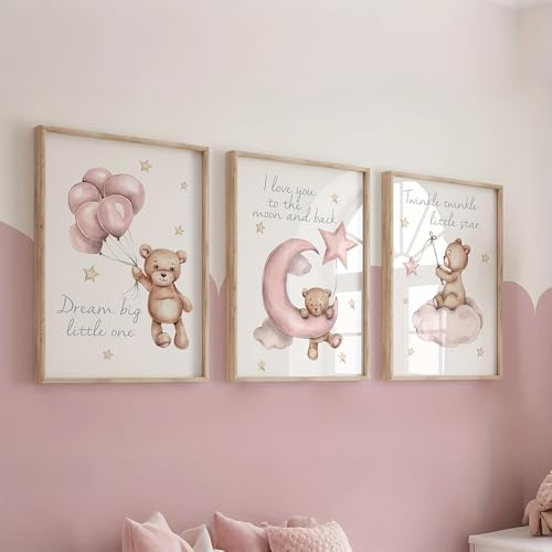 3 Bilder Bär Baby 30X40CM Bilderwand Kinderzimmer Poster Kinderzimmer Teddy Mond Sterne Ballons Leinwand Mädchenzimmer Bilder Teddybär Mädchen Poster Rosa Beige Bilderwand Baby ohne Rahmen