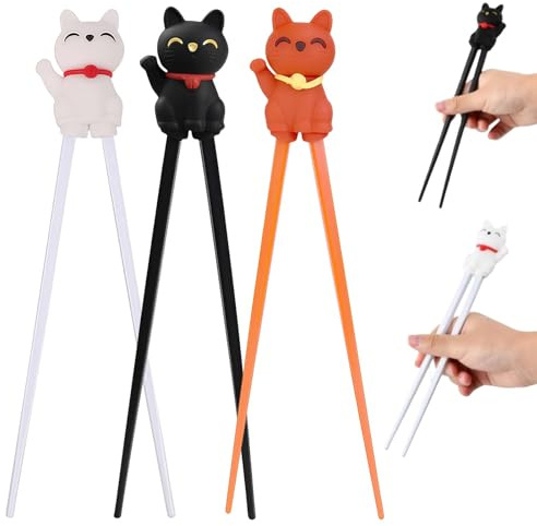 LUMOOM 3 paia di bacchette da tavola per bambini, bacchette educative per principianti con dolce gatto felicità, cat paw chopsticks, bacchette riutilizzabili antiscivolo, chopsticks da allenamento