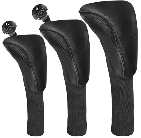 AMRTA Golf Club Head Covers for Woods Driver Fairway Hybrid 3 Pack | Soft Lined Long Neck Protection, Secure Stretch Fit Design, Duarable Long Lasting Build, With Interchangeable Number Tags