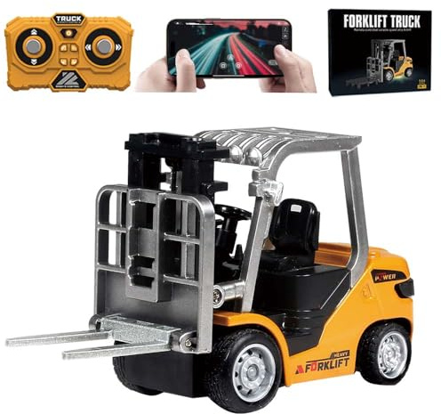 Ledovan 1:64 RC Escavatore telecomandato giocattolo per bambini, mini carrello elevatore con forchette di ricarica, pallet, 2,4 GHz luce ed effetti sonori, veicoli da costruzione in lega giocattolo