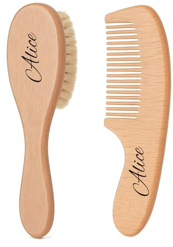 Personalized Wooden Baby Hairbrush Set with Soft Goat Bristles, Customizable Name and any text, Grooming Kit for Cradle Cap Care, Suitable for Wet and Dry Hair (Wool brush and bias comb)