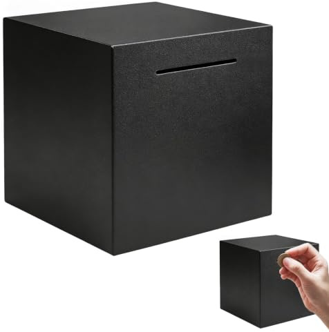 PEEXTBB Spardose Edelstahl Erwachsene, 15 x 15 x 15 cm Sparschwein aus Metall, Münzen und Scheine Money Box Sparbox, Spardose Nicht Zum Öffnen, Sparbox für Erwachsenegeschenk, Schwarz