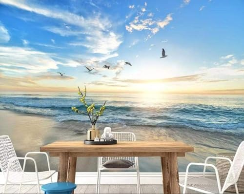 Elegant Sunset Sea Beach Flying Birds 3D Wallpaper Premium Textured Silk Study Dining Living Room Bedroom Sofa TV Wall Easy Install-250cm×170cm