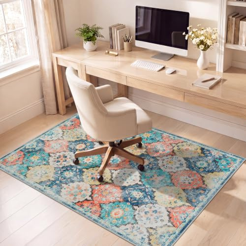 Famibay Protector Suelo Silla Ruedas 120x150cm Alfombra Silla Escritorio Antideslizante Alfombra Protectora Suelo para Silla de Oficina Lavable para Suelo Duro Baldosas Azul Naranja Floral