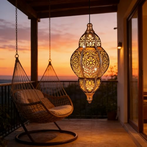 Moroccan Style Hanging Lantern, Antique Gold, Metal, Floral Cut-Out Design, Indoor Outdoor Pendant Light