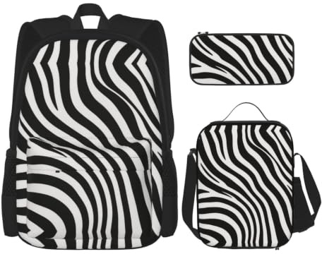 CNTDBU Ensemble sac à dos à déjeuner 3 en 1 motif zèbre noir et blanc, sac de voyage isotherme pour le travail avec housse pour ordinateur portable