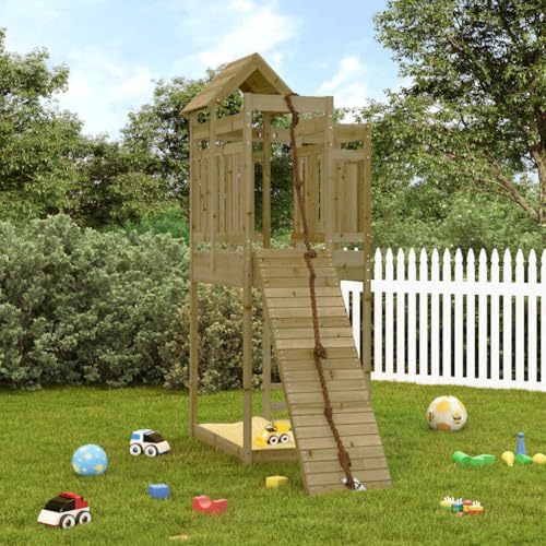 QUAHEAS Spielturm mit Kletterwand aus kesseldruckimprägniertem Kiefernholz, 107x196x238 cm, mit Sandkasten und Seil, Outdoor Garten Klettergerüst für Kinder, Spielhaus für Jungen und Mädchen