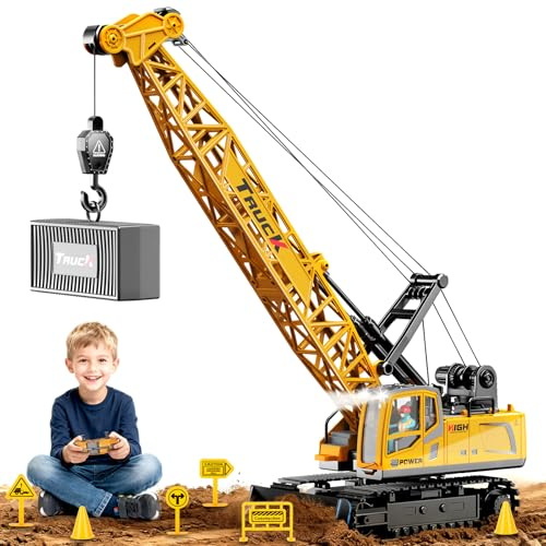 Cheffery Kran Ferngesteuert, 13-Kanal RC Kran Spielzeug mit Metallhaken | 1:16 Ferngesteuerter Kran, Licht, Sprühnebel, Realistischer Sound, Geschenkidee für Kinder ab 6 Jahren Jungen Mädchen