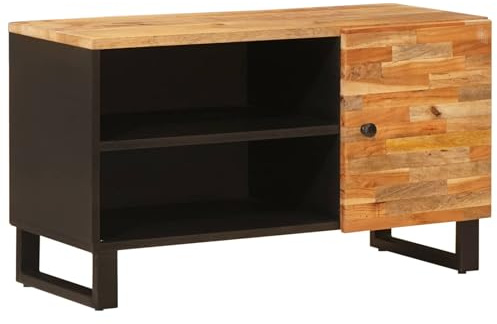 Mangloder TV-skåp brunt av massivt mangoträ, 80 x 33 x 46 cm, med 2 hyllor och 1 dörr, lågbord för vardagsrum, hemmabio och spel med lagringsutrymme