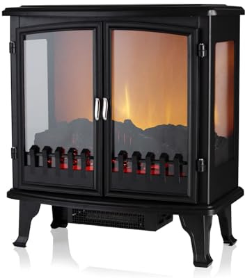 Warmlite Carlisle Electric Fireplace, Adjustable Thermostat with , LED Flame Effect with Panoramic Viewing Window, Black, WL46027