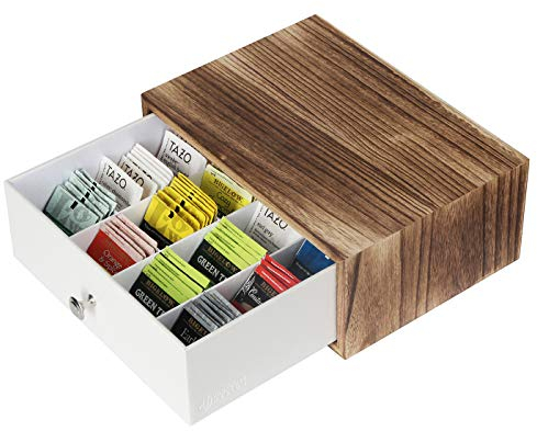 JACKCUBE DESIGN Rustic Wood Tea Storage Box Tea Bag Organiser Stand Holder Drawer / 12 Adjustable Compartments and White Faux Leather Drawer/Acrylic Divider - :MK447C