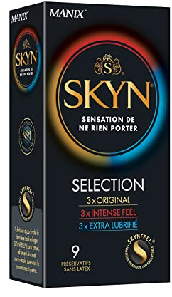 SKYN Skynfeel Kondome für Herren, 9 Stück, latexfrei, Sortiment von 3 Arten von Gefühlen: 3 x Original, 3 x Intense Feel, 3 x extra geschmiert, normale Größe, Durchmesser 53 mm