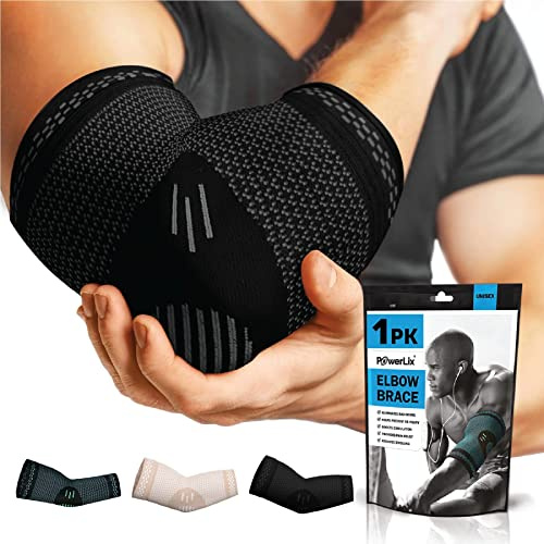 POWERLIX Armbågsbandage 1 styck, kompression armbågsbandage för kvinnor och män, för tennisarm, golfarm, sport, artrit, seninflammation, ledvärk, svart, XL