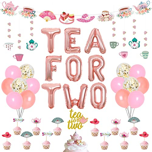 Sursurprise Tea for Two Birthday Party Decorations, Tea for Two Balloons, Cake Topper, Floral Tea Hanging Garland, Teapots Teacups Banner for 2nd Birthday Party Supplies